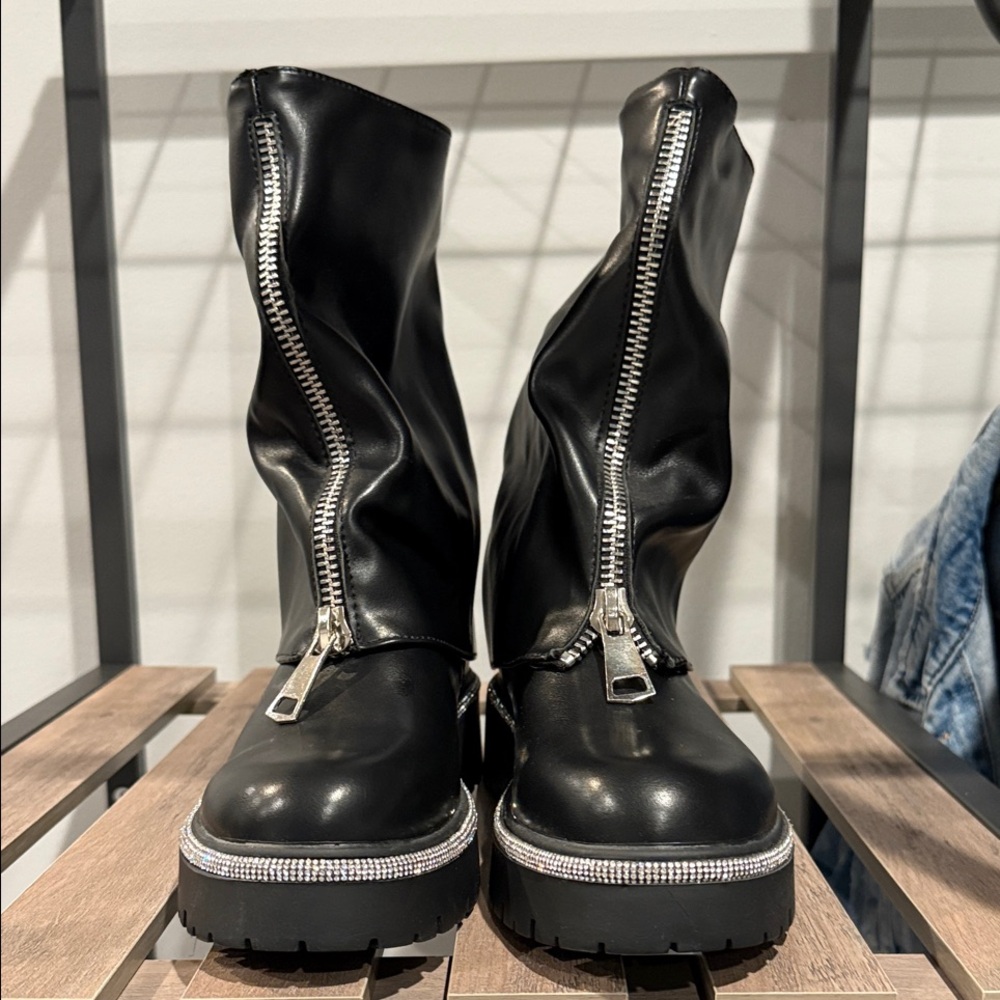 Fashion Nova Black Moto Boots with Silver Zipper and bling sole details